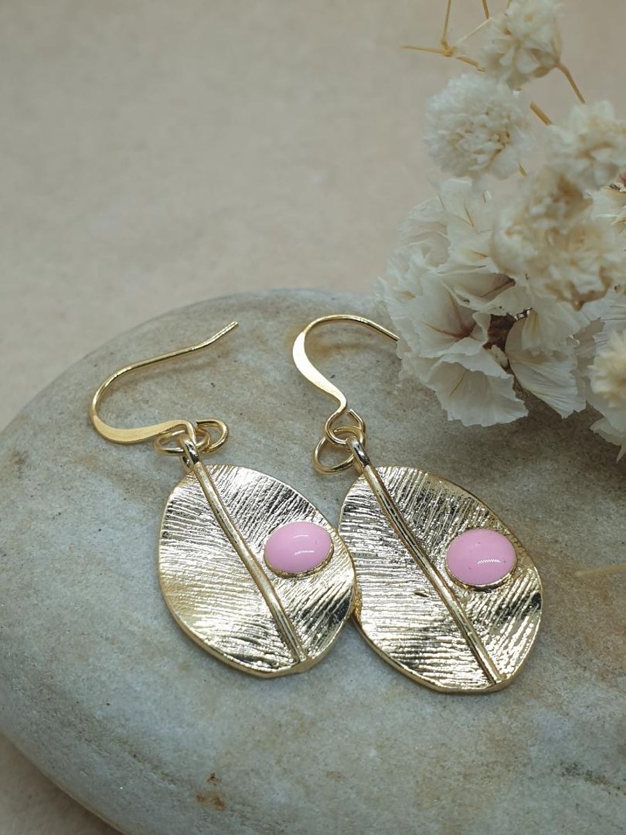 18 k gold plated leaf earrings with pink enamel detailed leaf