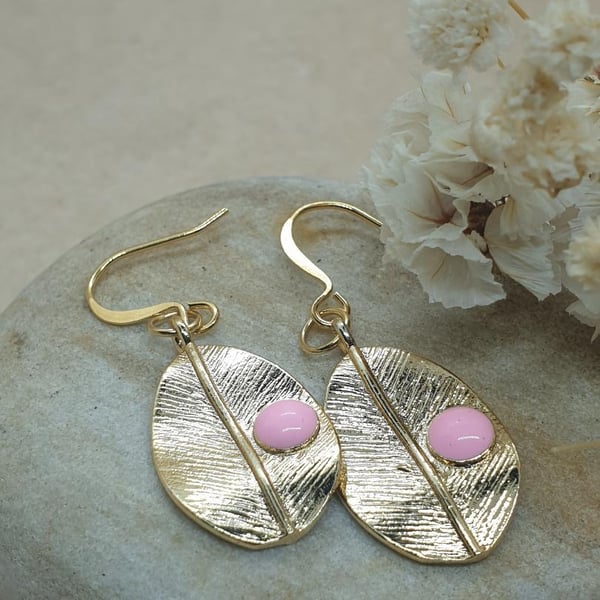 18 k gold plated leaf earrings with pink enamel detailed leaf