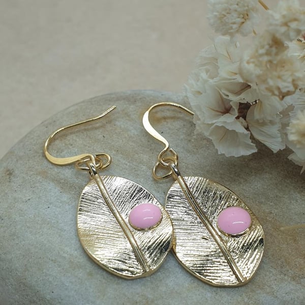 18 k gold plated leaf earrings with pink enamel detailed leaf