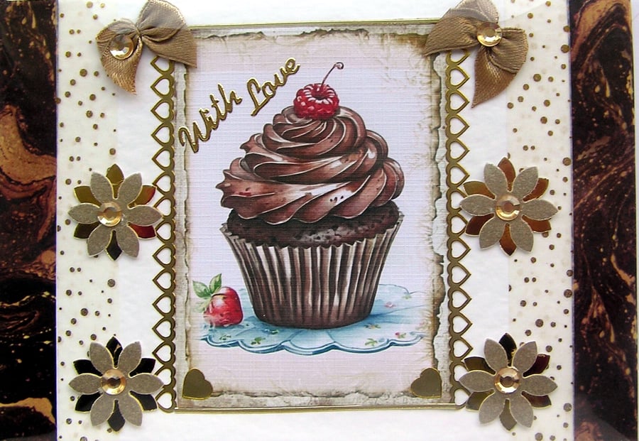 Whipped Chocolate Cupcake Hand Crafted Decoupage Greeting Card - With Love 2785