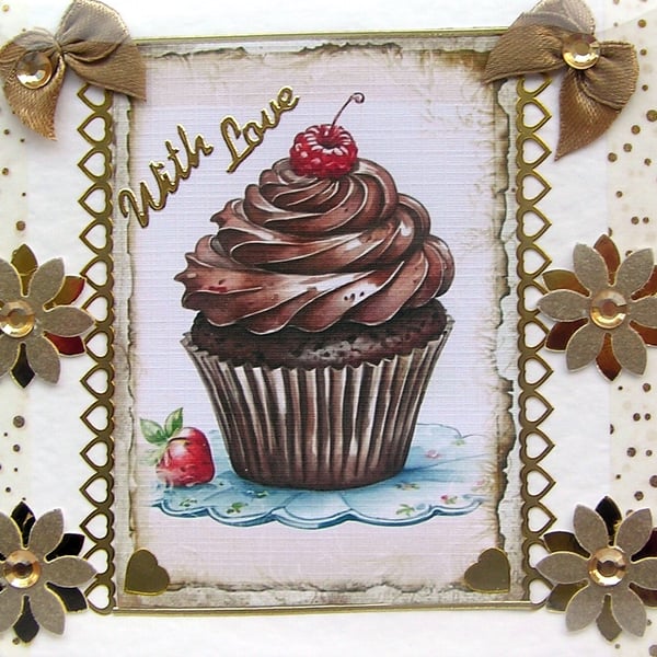 Whipped Chocolate Cupcake Hand Crafted Decoupage Greeting Card - With Love 2785