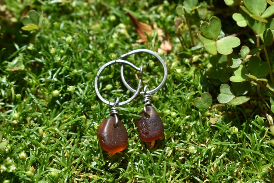 Amber Sea Glass and Sterling Silver Hoop Dangle Earrings