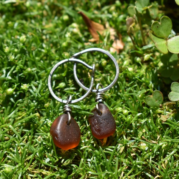 Amber Sea Glass and Sterling Silver Hoop Dangle Earrings