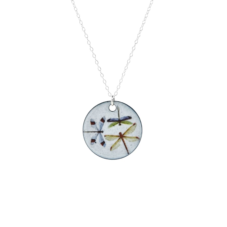 Grey enamel Dragonfly round pendant necklace