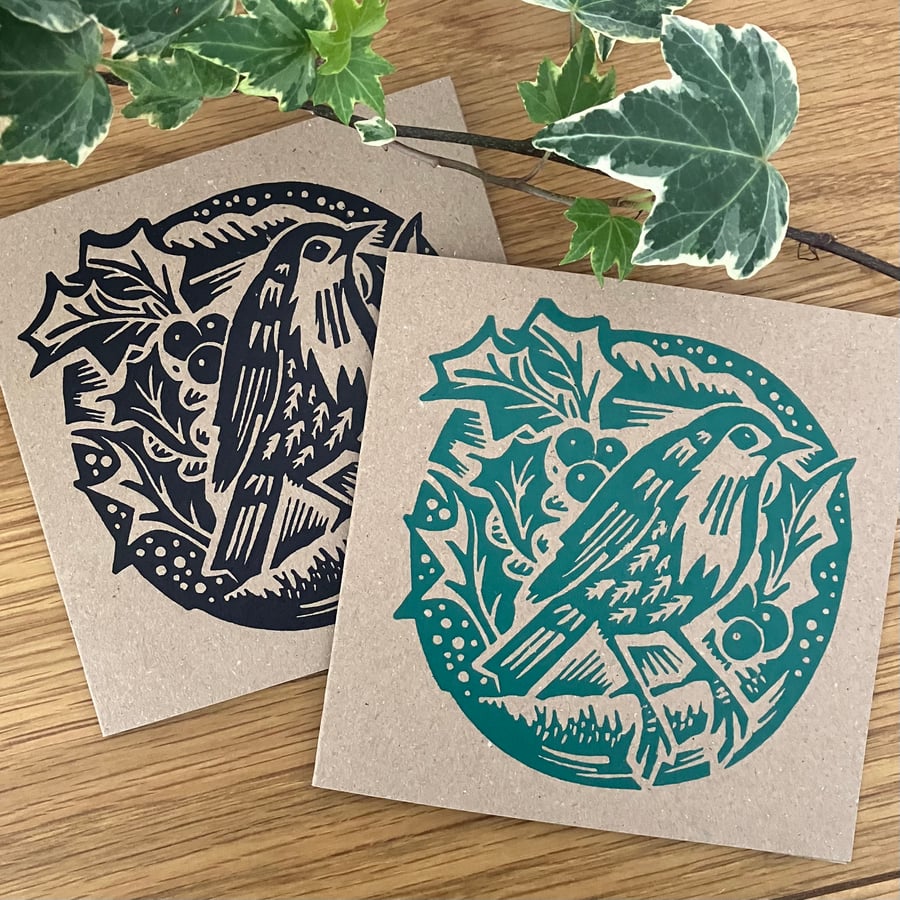 Robin & Holly Handprinted greetings card