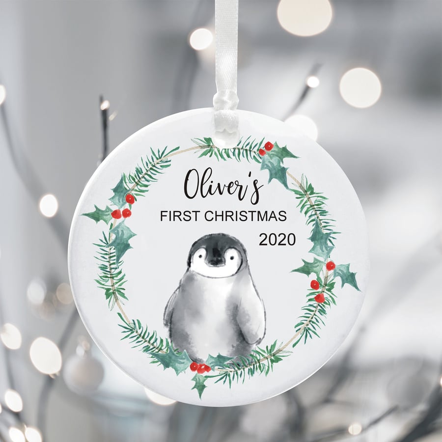 Personalised Baby's First Christmas Penguin Tree Decoration - New Baby Gift