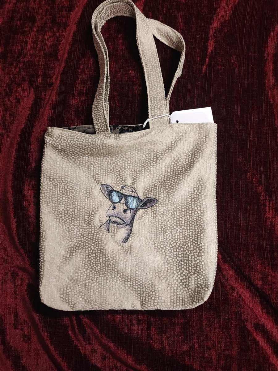 Tote Bag, Grey colour with Cow embroidery