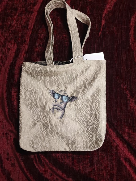 Tote Bag, Grey colour with Cow embroidery