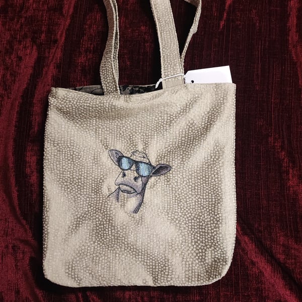 Tote Bag, Grey colour with Cow embroidery