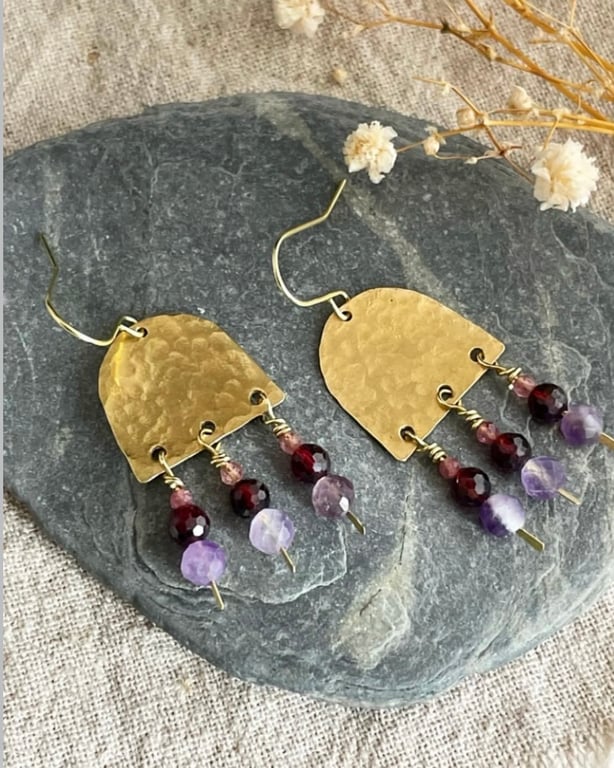 OOAK Boho Brass Earrings with Garnet, Amethyst and Tourmaline 