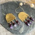 OOAK Boho Brass Earrings with Garnet, Amethyst and Tourmaline 