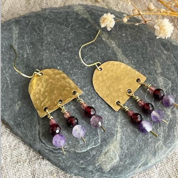 OOAK Boho Brass Earrings with Garnet, Amethyst and Tourmaline 