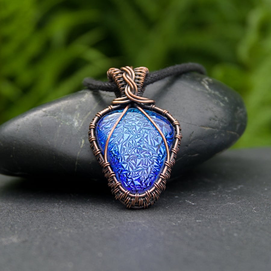 Copper Wire Wrapped Electric Blue Dichroic Glass Pendant