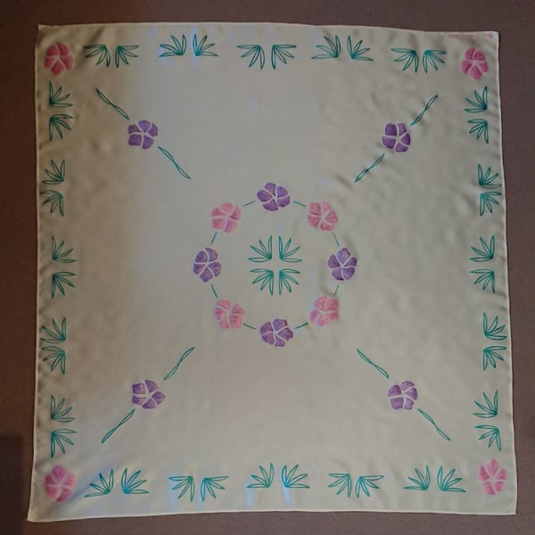 Handpainted square cream silk scarf with pink and purple florals