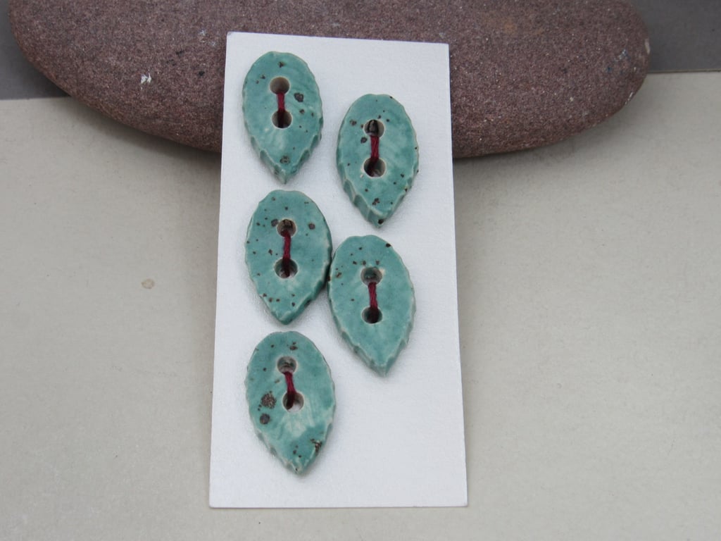 5 Small Leaf Shaped Eggshell Blue Ceramic Buttons