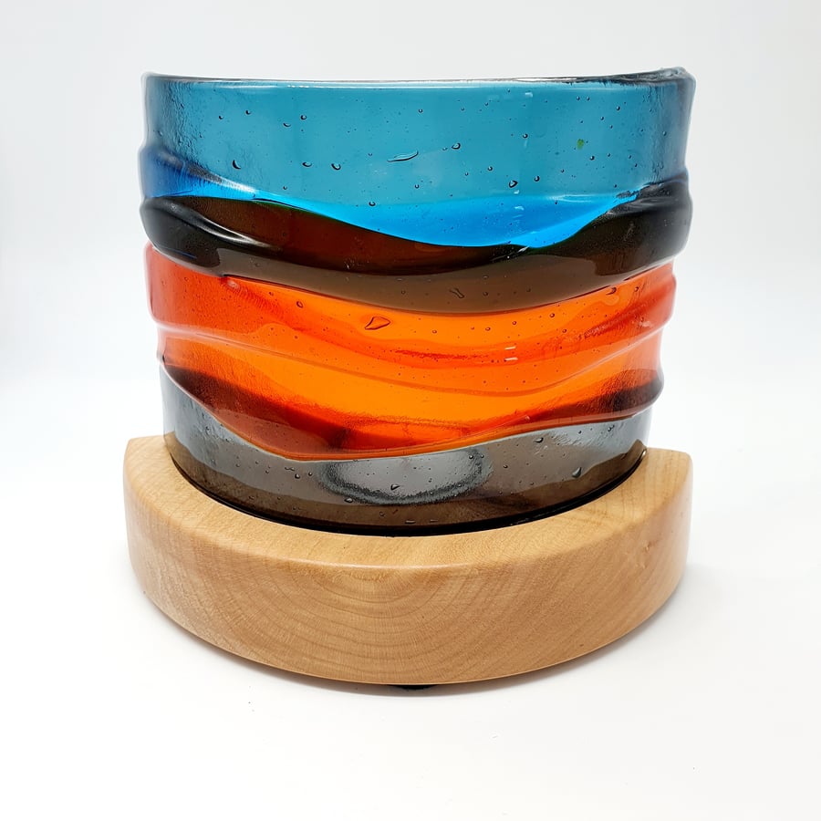 ‘Teal Sunset’ Fused Glass Landscape in Curved Wooden Stand with Tealight