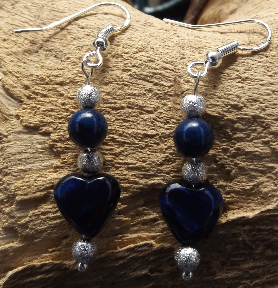 Blue Tigers eye heart bead earrings with lapis lazli bead