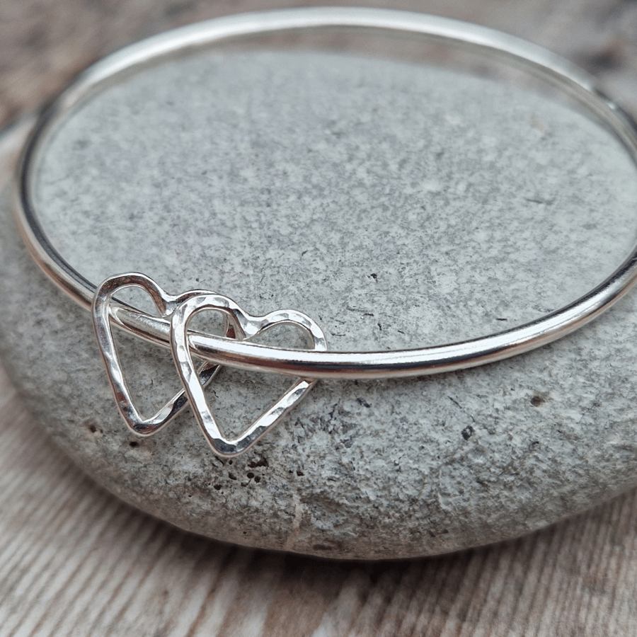 Sterling Silver Open Heart Charm Bangle