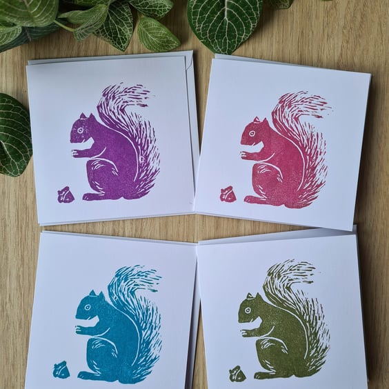 4 squirrel notecards thank you cards handprinted art