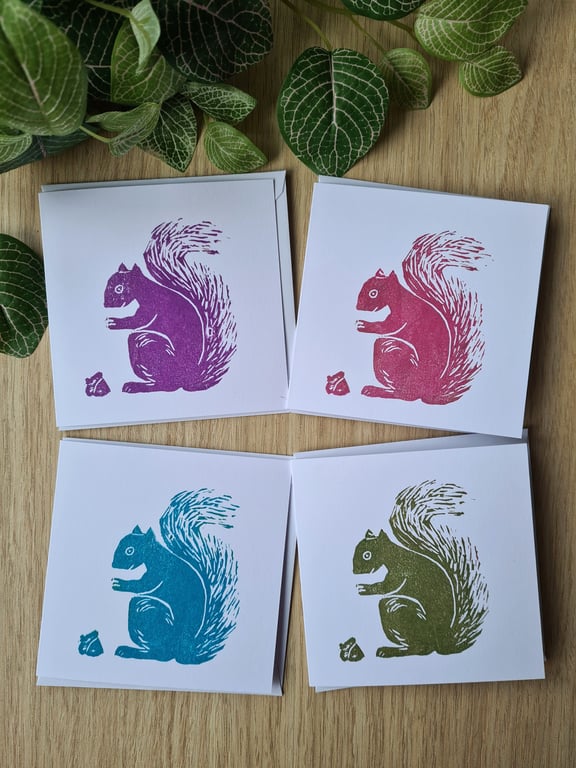 4 squirrel notecards thank you cards handprinted art