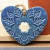 Ceramic heart hanging decoration Pottery Heart Folk art love heart BLUE