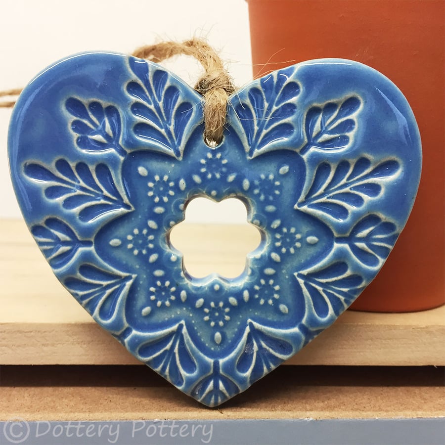 Ceramic heart hanging decoration Pottery Heart Folk art love heart BLUE