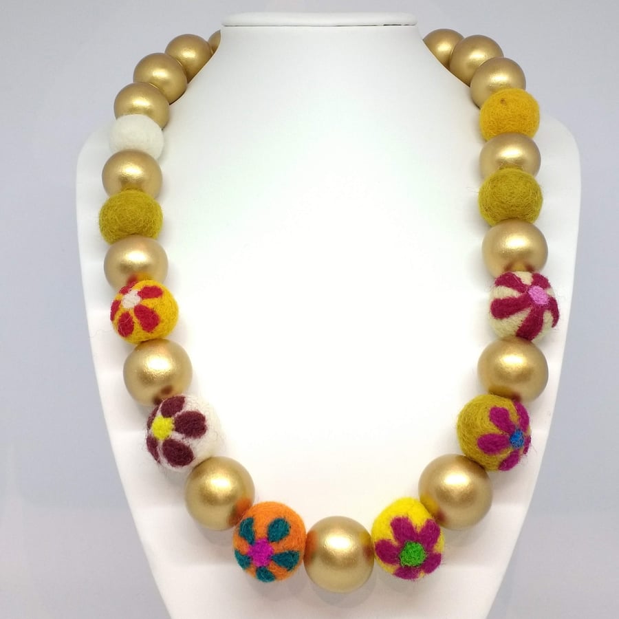 Flowered Felt Beads with Gold Wood Beads Necklace