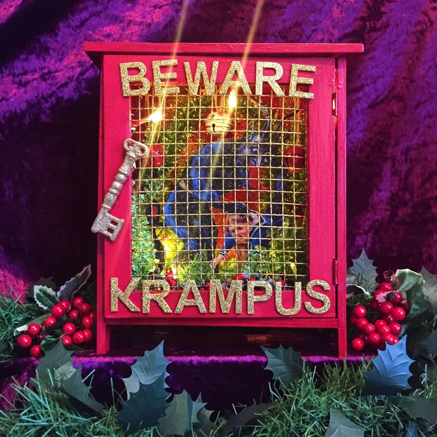 Handmade Kitsch Christmas Light up Krampus Shrine Box