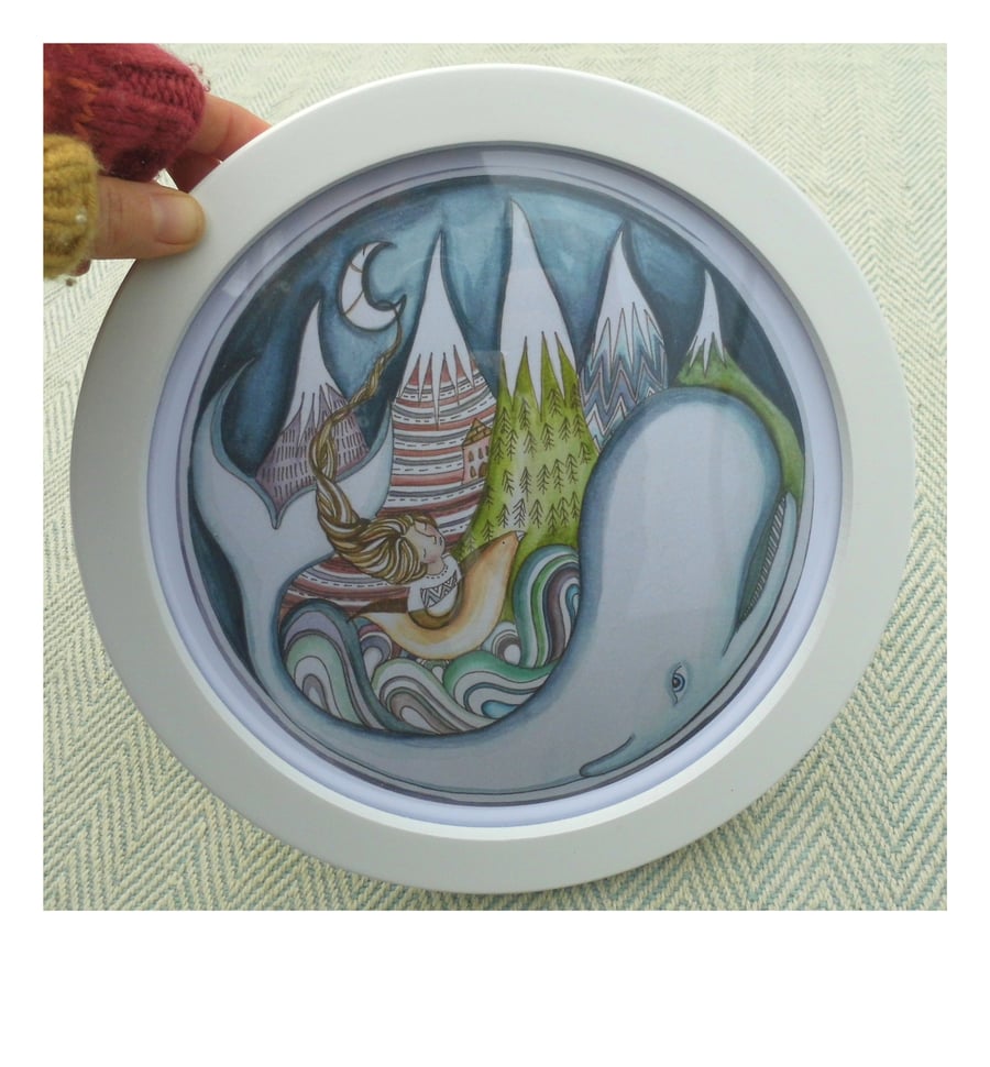 Whale print in a round frame