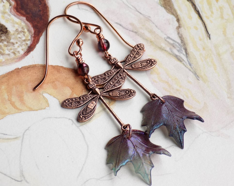 Autumn Fall Hand Painted Leaf and Dragonfly Earrings, Vintage Style Artisan Boho