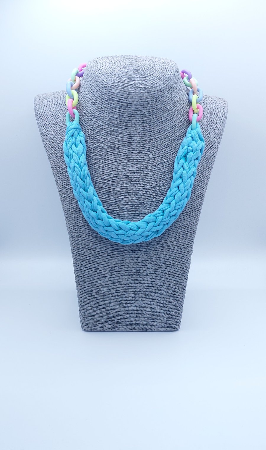 Handmade Knitted Necklace with Pastel Rainbow Chain – Playful Statement Piece