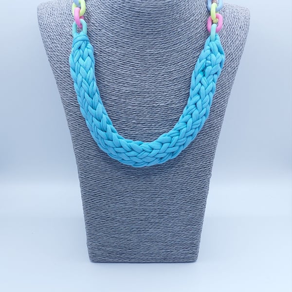 Handmade Knitted Necklace with Pastel Rainbow Chain – Playful Statement Piece