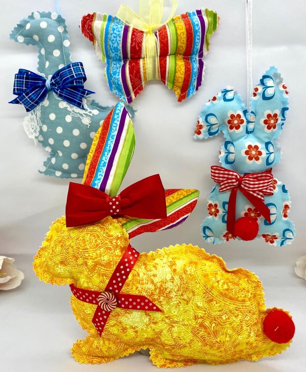 Handmade Easter Decoration Set – Fabric Bunny, Goose & Butterfly 4 Piece