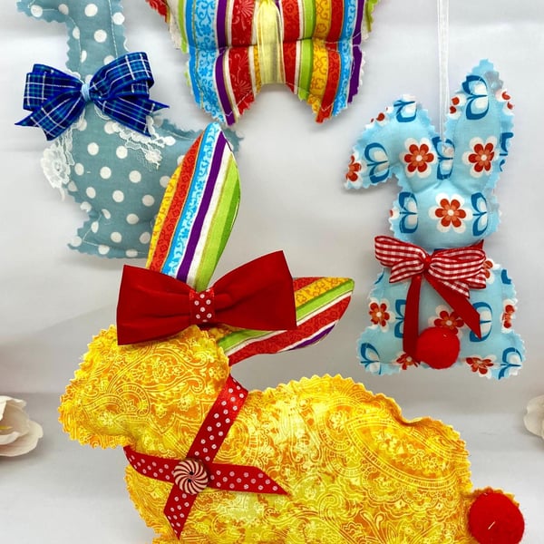 Handmade Easter Decoration Set – Fabric Bunny, Goose & Butterfly 4 Piece