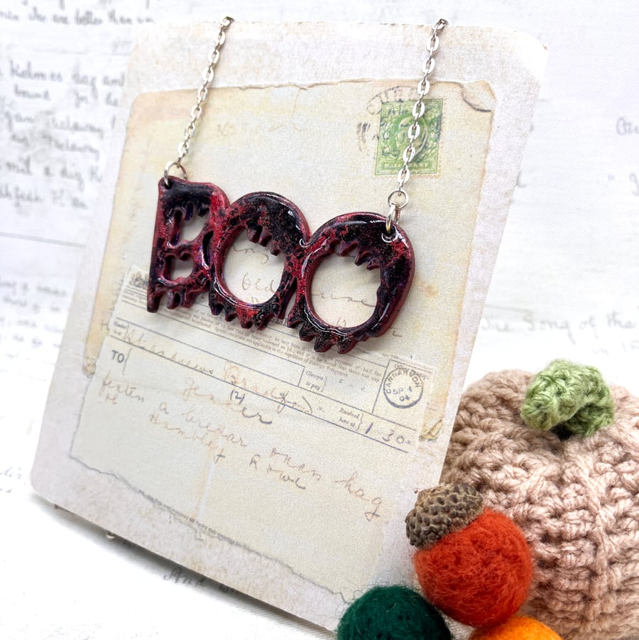Boo Wooden word statement necklace Halloween jewellery Gothic gift ideas