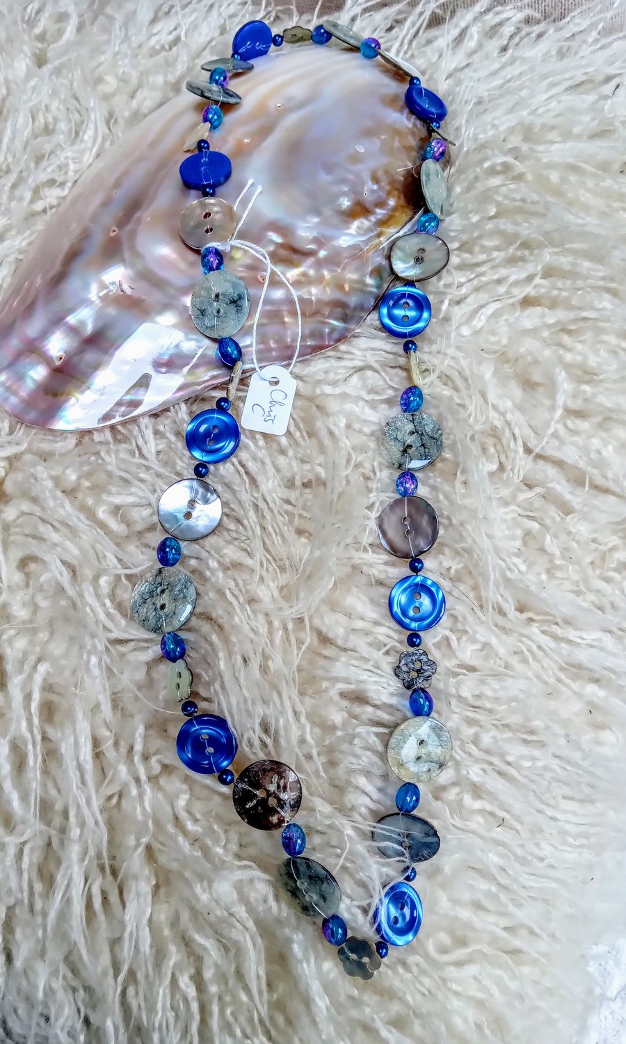 Unusual hand-made button and bead overhead NECKLACE for sewing fans