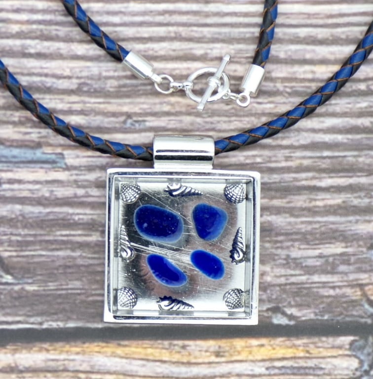 Blue Sea Glass Pendant Necklace Cornish Glass, Silver Shells, 19 Inch