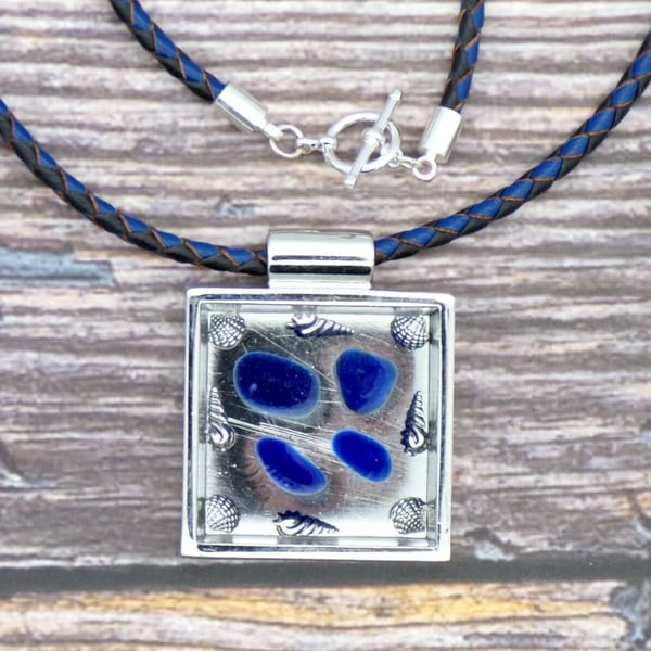Blue Sea Glass Pendant Necklace Cornish Glass, Silver Shells, 19 Inch