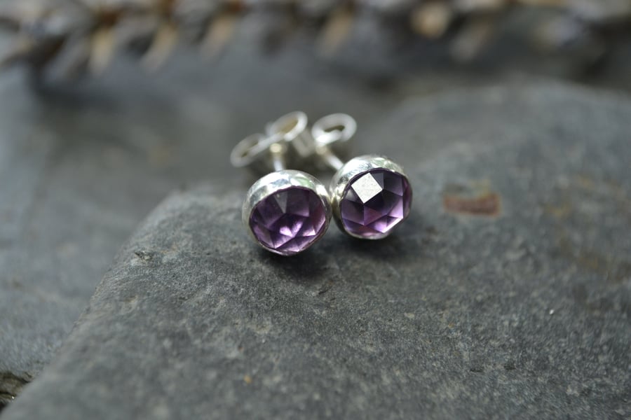 Rose cut amethyst and sterling silver stud earrings - February Birthstone