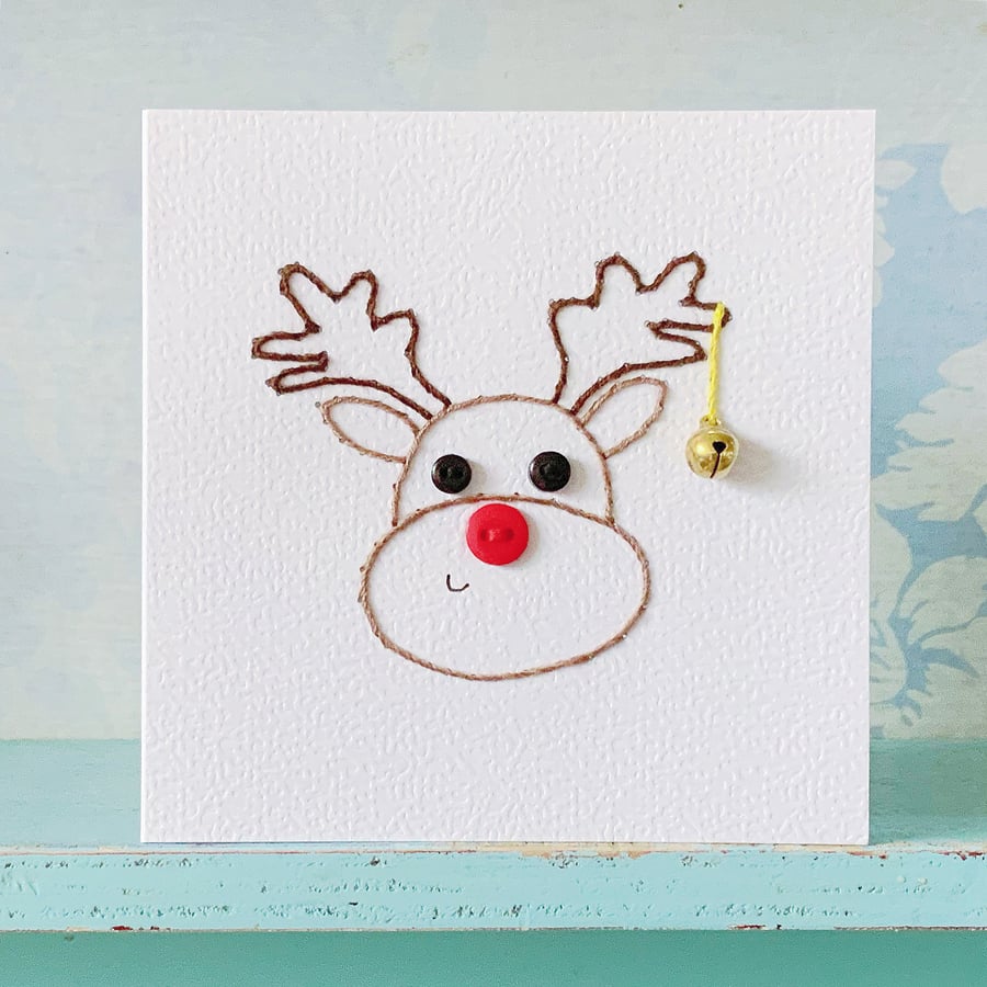 Hand Sewn Reindeer Card. Tinkling Bell. Christmas Card. Reindeers. Embroidered.