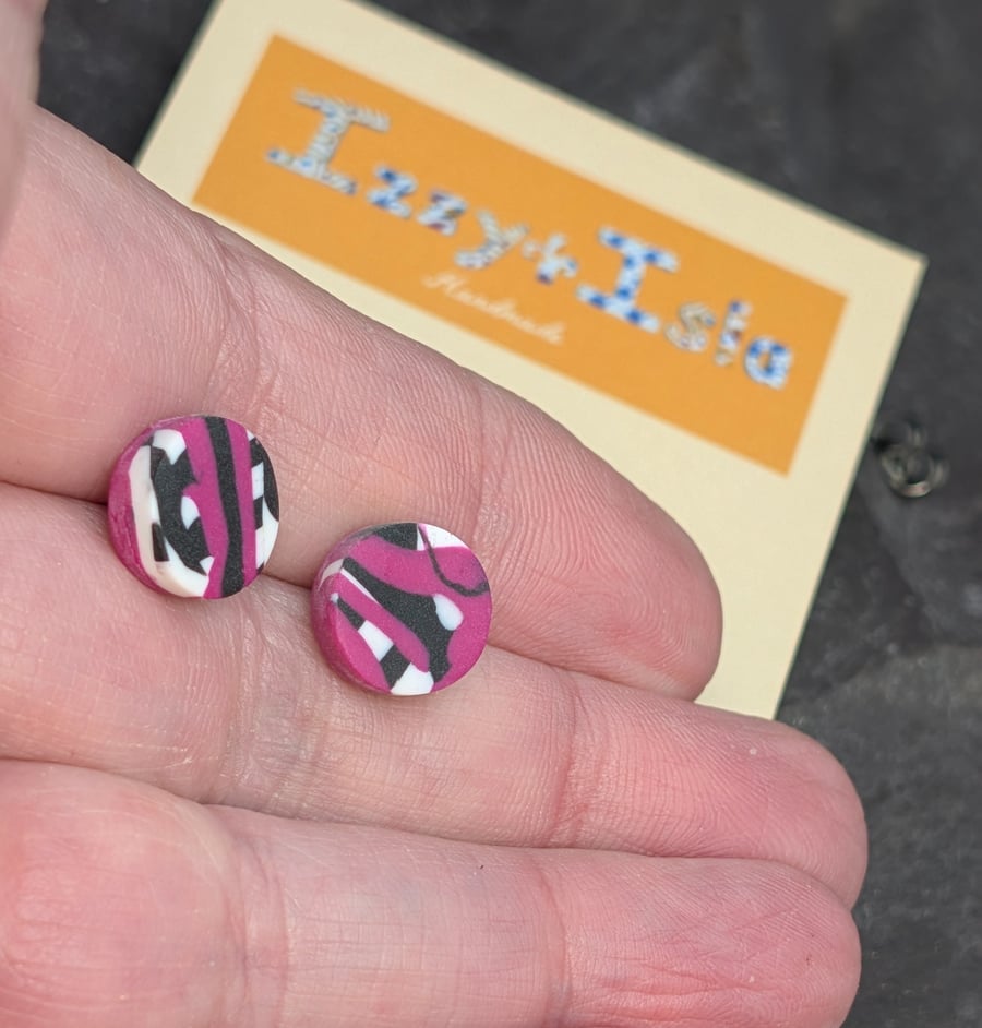 Abstract design stud earrings, hot pink with black and white