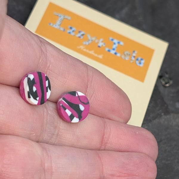 Abstract design stud earrings, hot pink with black and white