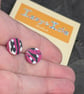 Abstract design stud earrings, hot pink with black and white