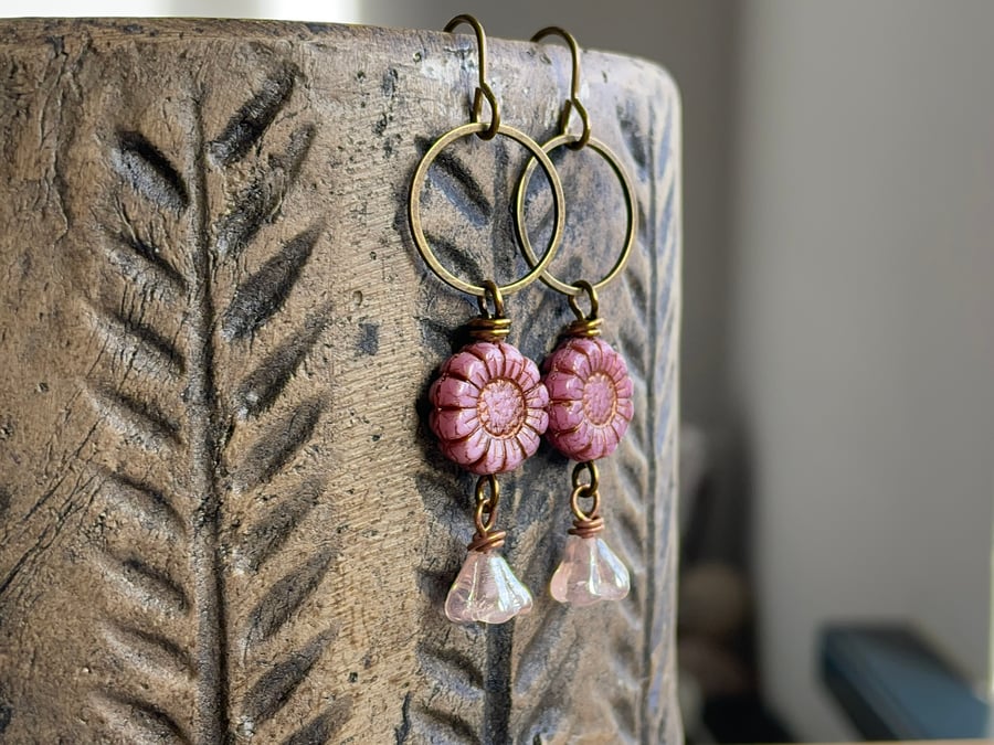 Rustic Pink Floral Earrings. Czech Glass Sunflower Earrings. Blossom Earrings