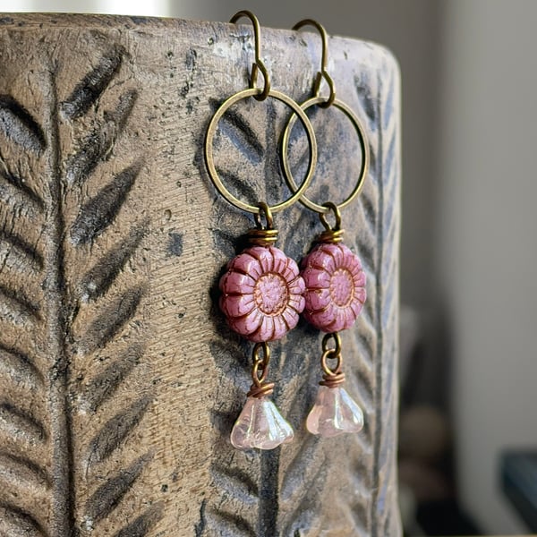 Rustic Pink Floral Earrings. Czech Glass Sunflower Earrings. Blossom Earrings