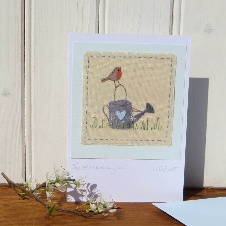 The Old Watering Can, a hand-stitched card with lots of detail, a card to keep!