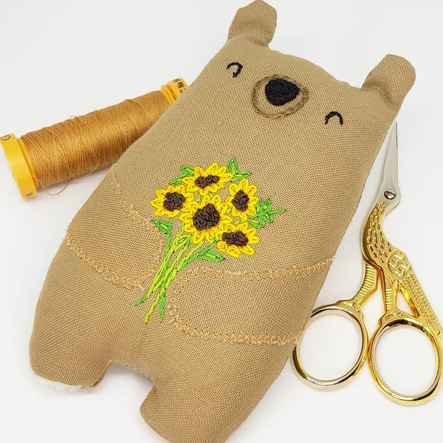 Hand Embroidered Sunflower Bear