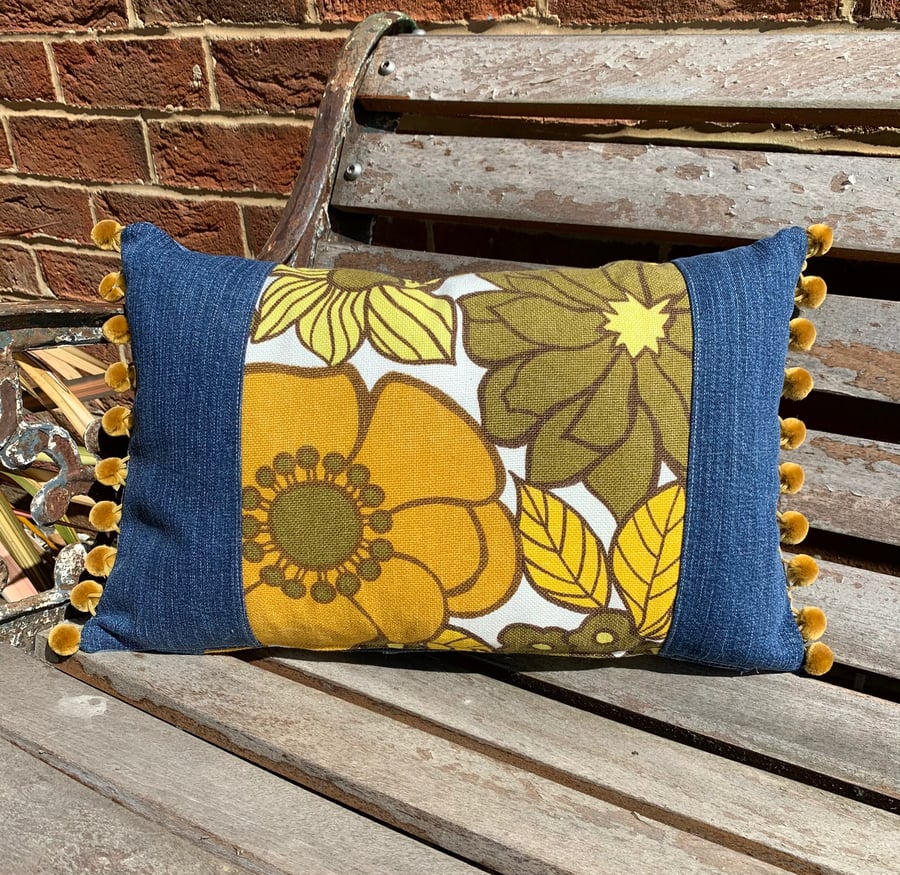 Retro floral and denim cushion cover