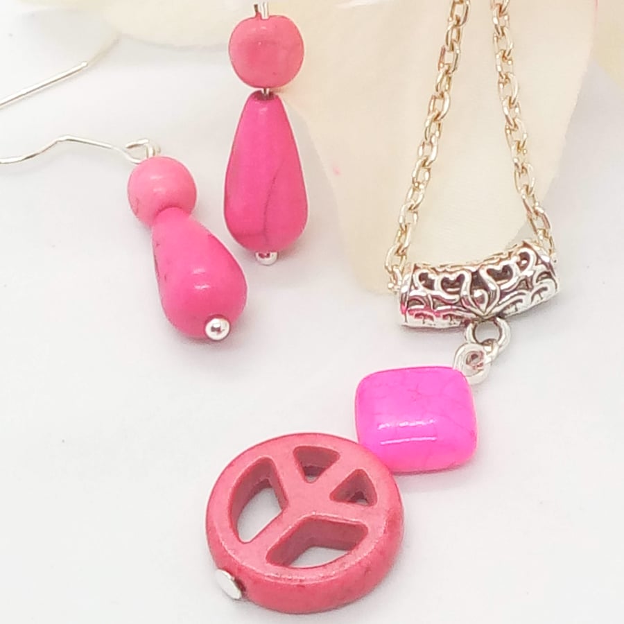 Pink Dyed Howlite Ban The Bomb and Diamond Shaped Pendant and Earrings