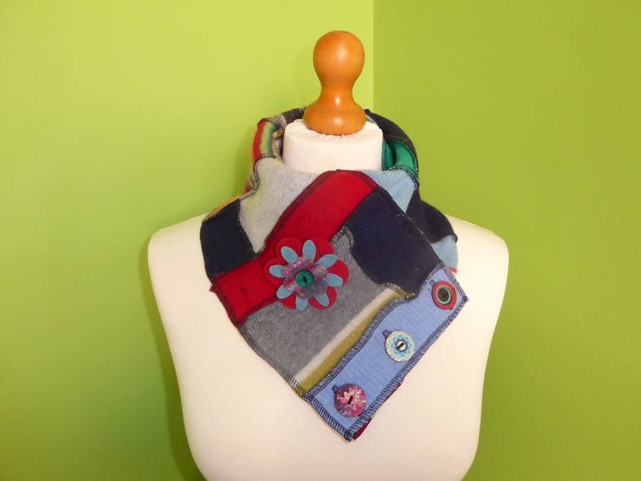 Neck Warmer Scarf with 3 button Trim. Upcycled Cowl. Felt Flower. Red and Blue